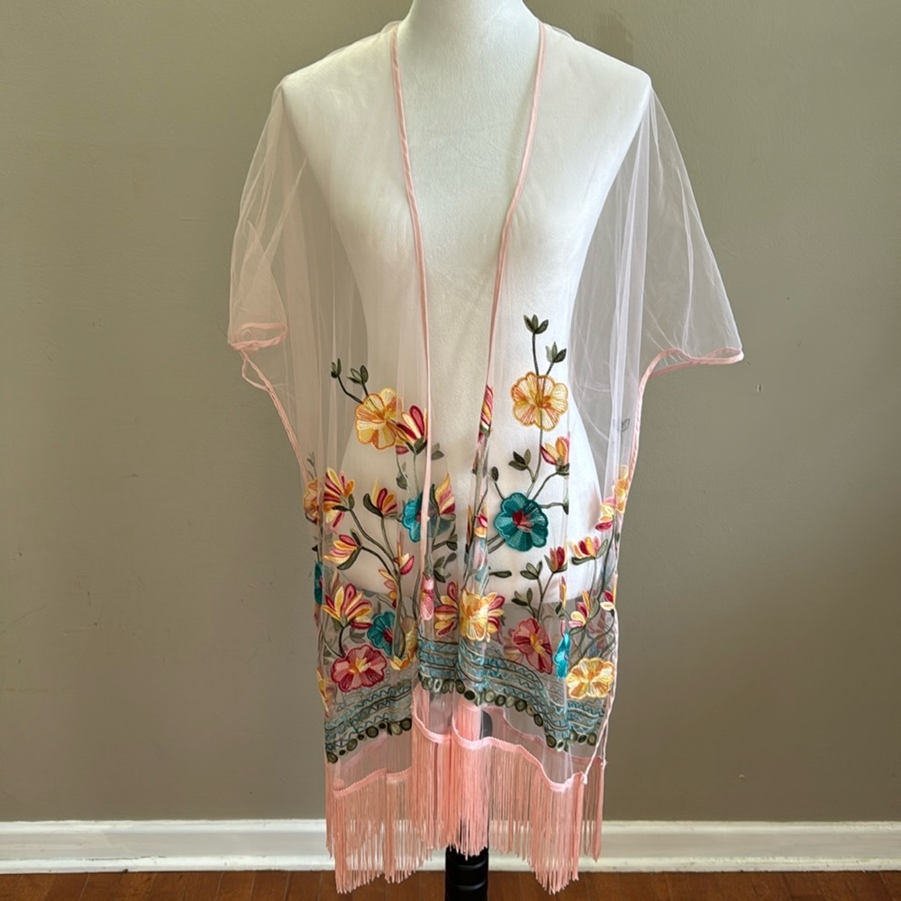 Haute‎ Hippie Pink Mesh Floral Embroidered Fringe Boho Festival Poncho One Size